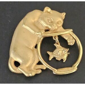 Vintage J.J. Jonette Jewelry Gold Tone Cat & Fish Bowl Brooch Pin